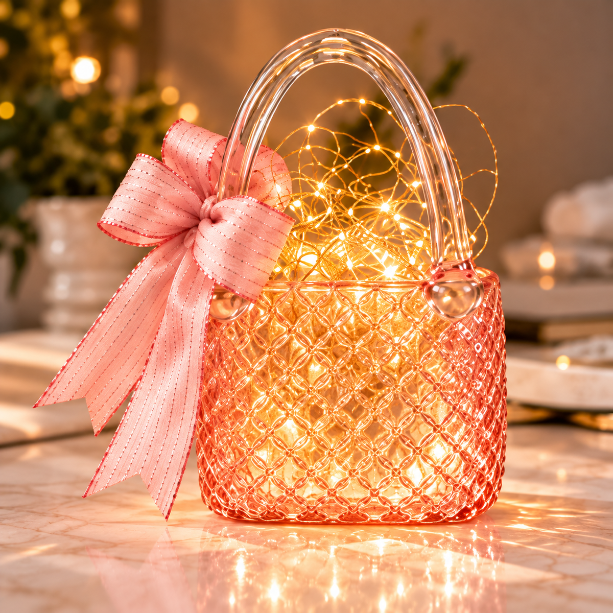 Blush Pink Glass Handbag Purse Vase with Decorative Bow