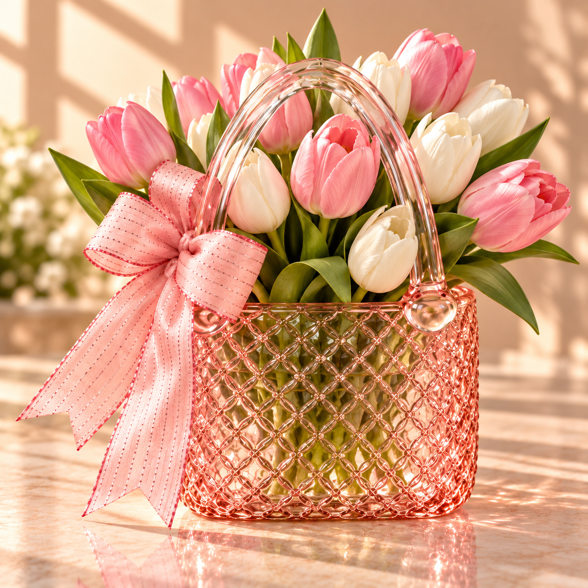 Blush Pink Glass Handbag Purse Vase with Decorative Bow