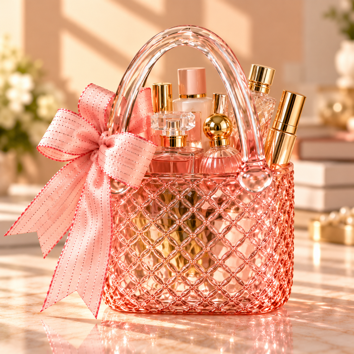 Blush Pink Glass Handbag Purse Vase with Decorative Bow