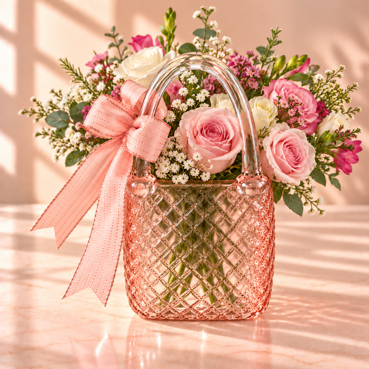 Blush Pink Glass Handbag Purse Vase with Decorative Bow