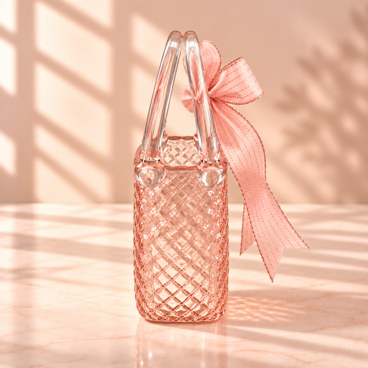 Blush Pink Glass Handbag Purse Vase with Decorative Bow