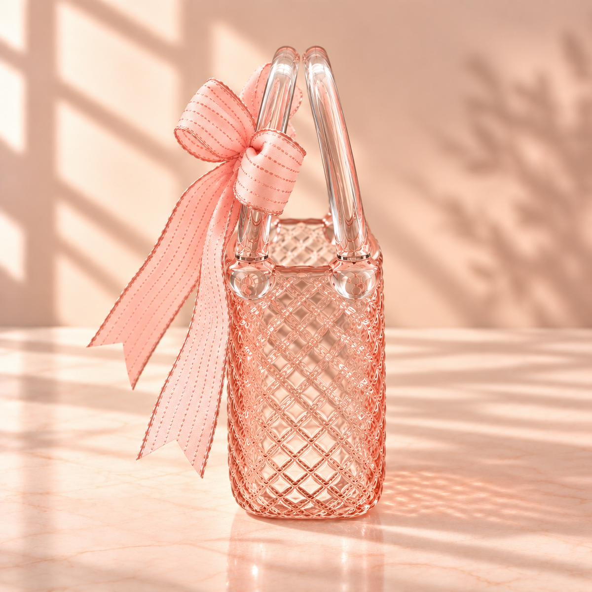 Blush Pink Glass Handbag Purse Vase with Decorative Bow